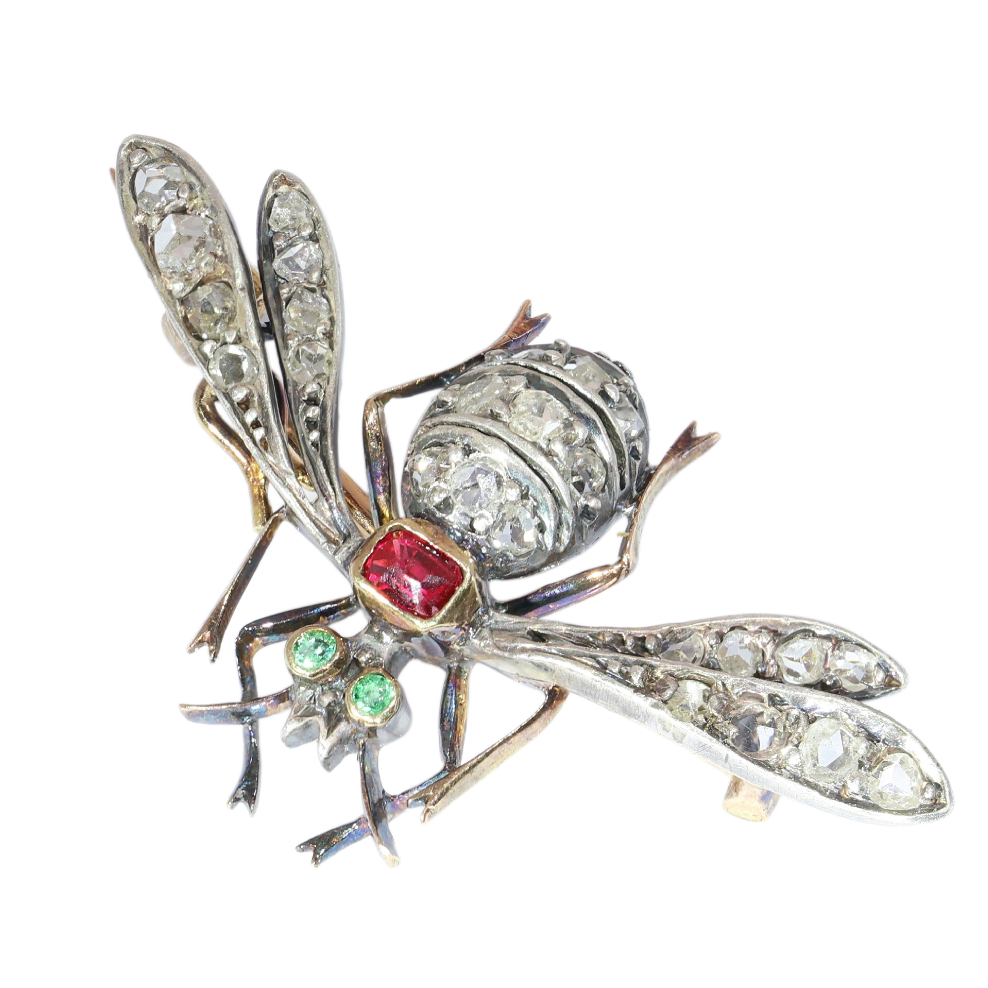 Late Victorian Diamond Bee Brooch, Ruby Thorax and Emerald Eyes